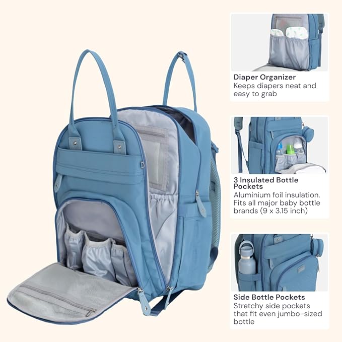 BabbleRoo Diaper Bag Backpack - Baby Essentials Travel Tote - Multi function Waterproof Diaper Bag, Travel Essentials Baby Bag with Changing Pad, Stroller Straps & Pacifier Case - Unisex, Light Blue-CubbioJoy