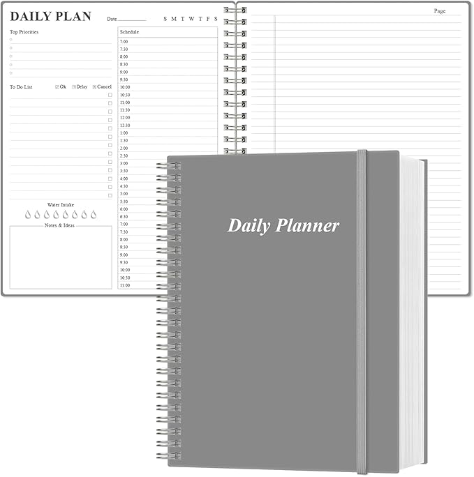 Daily Planner Undated - A4 To Do List Notebook Hourly Schedules, Spiral Appointment Planner for Women and Men,PVC Hardcover, Inner Pocket, Elastic Closure, 8.5" x 11", Grey-CubbioJoy
