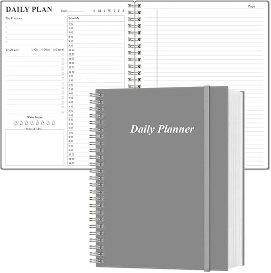Daily Planner Undated - A4 To Do List Notebook Hourly Schedules, Spiral Appointment Planner for Women and Men,PVC Hardcover, Inner Pocket, Elastic Closure, 8.5" x 11", Grey-CubbioJoy