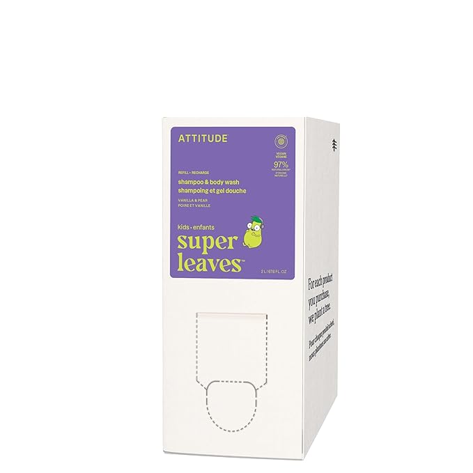 ATTITUDE Shampoo and Body Wash for Kids, EWG Verified Hair and Body Cleanser, Dermatologically Tested Soap, Plant and Mineral Based Bath Products, Vegan, Bulk Refill, Vanilla and Pear, 67.6 Fl Oz-CubbioJoy