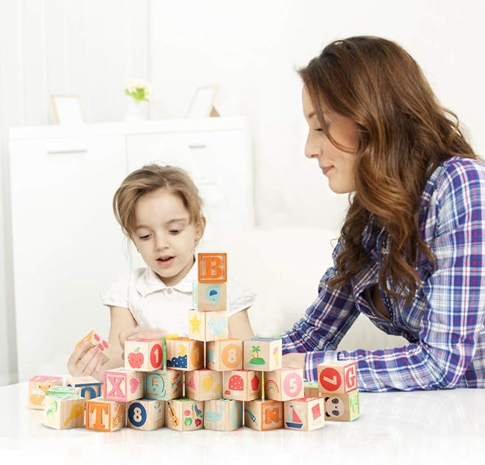 Joqutoys ABC Wooden Building Blocks for Toddlers 1-3 Large, 26 PCS Alphabet & Number Stacking Blocks, Educational Learning Toys for Boys Girls Kids Gifts 1.65''-CubbioJoy