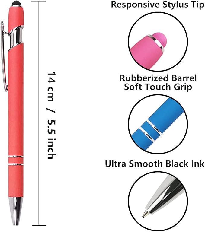 Ballpoint Pen with Stylus Tip, Soft Touch Click Metal Pen, 1.0mm Medium Point, Black Ink, 12 Count(Peach)-CubbioJoy