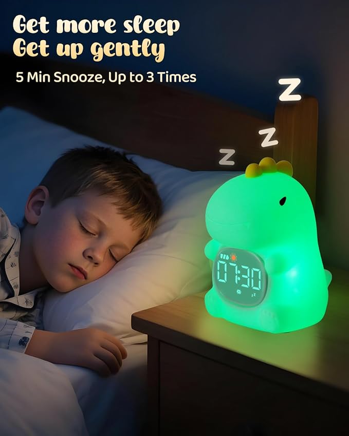 Dinosaus Alarm Clock for Kids with Night Light, Sleep Training Clock Time to Wake Clock, Rechargeable Silicone Light for Bedroom, Perfect Sleep Companion for Boys Girls-CubbioJoy