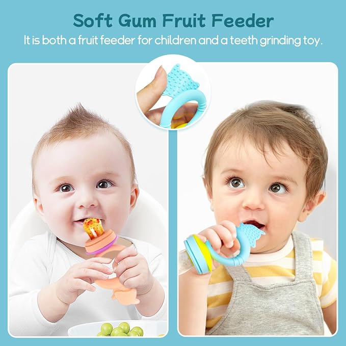 Baby Solids/Frozen Fruit Feeder Pacifier, Infant Teether Toy 4M+, BPA-Free Silicone Pouch & Nipple, Safely Introduce Solids, Teething Relief, 2-Pack (Dolphin - Blue Pink)-CubbioJoy