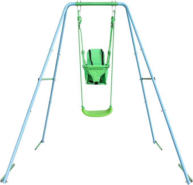 2-in-1 Toddler Swing Set with Metal Stand, Safety Belt & 4 Anchors - A-Frame Swing for Kids 6 Months+ (Blue, Indoor/Outdoor Backyard Playground)-CubbioJoy