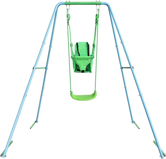 2-in-1 Toddler Swing Set with Metal Stand, Safety Belt & 4 Anchors - A-Frame Swing for Kids 6 Months+ (Blue, Indoor/Outdoor Backyard Playground)-CubbioJoy