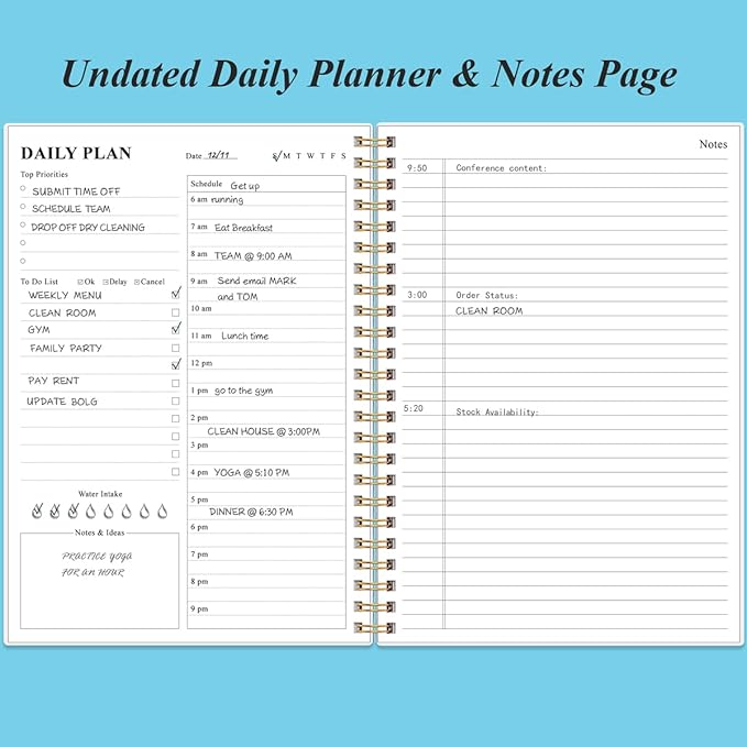 Daily Planner Undated - B5 To Do List Notebook Hourly Schedules, Spiral Appointment Planner for Women and Men, PVC Hardcover, Inner Pocket, Elastic Closure, 7" x 10", Blue Watercolor-CubbioJoy