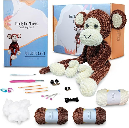CULETCRAFT Crochet Kit for Beginners Adults, Freddy The Monkey DIY Crochet Animal Kit for Beginners, Learn to Crochet with Step-by-Step Instruction Book, Beginner Crochet Kit for Adults and Kids-CubbioJoy