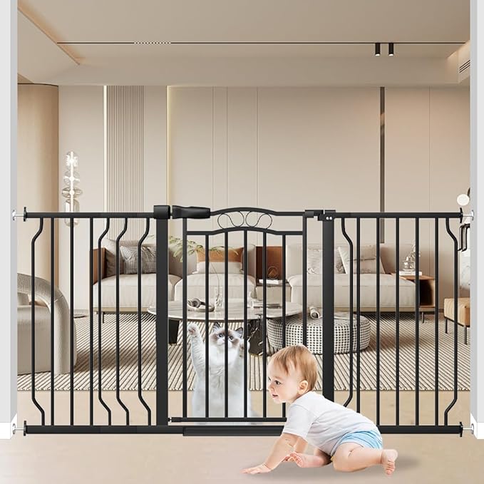 53.1-62.5 Inch Extra Wide Baby Gate, Pressure Mounted Dog Gate Indoor, Walk Thru Pet Gate for Cat Dog Child,Pet Gates for The House Doorway Black-CubbioJoy