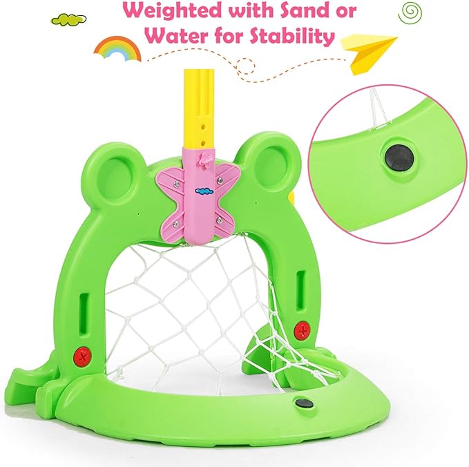 Costzon Toddler Basketball Hoop, 3-in-1 Sports Set for Basketball, Baseball & Football, 6 Height Adjustable Basketball Toy Activity Center for Indoor & Outdoor, Best Gift for Kids (Cute Frog)-CubbioJoy