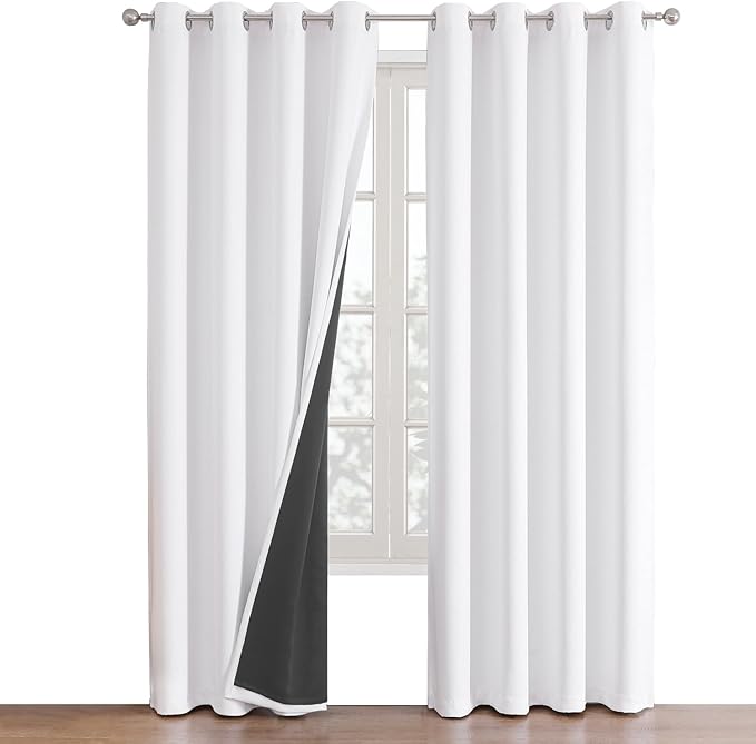 ChrisDowa White 100% Blackout Curtains for Bedroom with Black Liner, 2 Thick Layers Total Blackout Thermal Insulated Grommet Window Curtains 2 Panels Set (Pure White, 52 x 84 Inch)-CubbioJoy