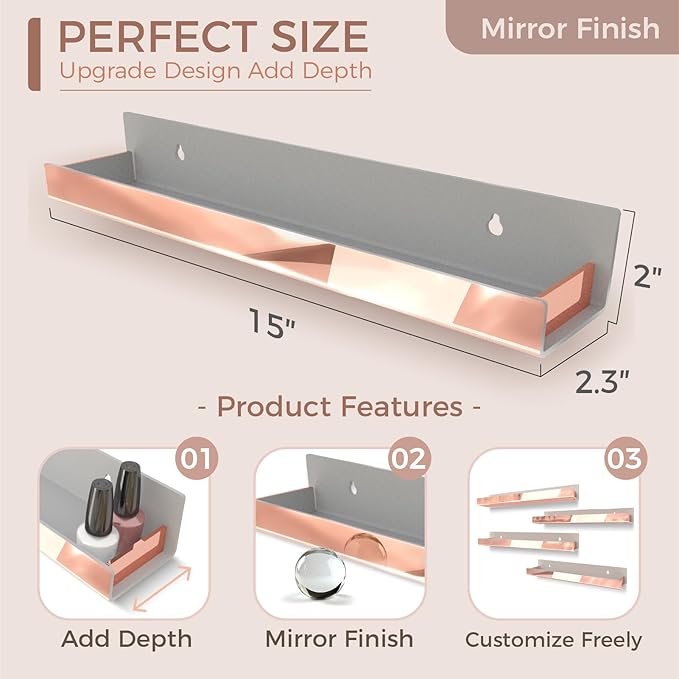 4 Pack 15 Inch Rose Gold Reflective Acrylic Shelves, Rose Gold Floating Shelves, Modern Sunglasses Essential Oil Picture Ledge Display Toy Storage Shelf-CubbioJoy