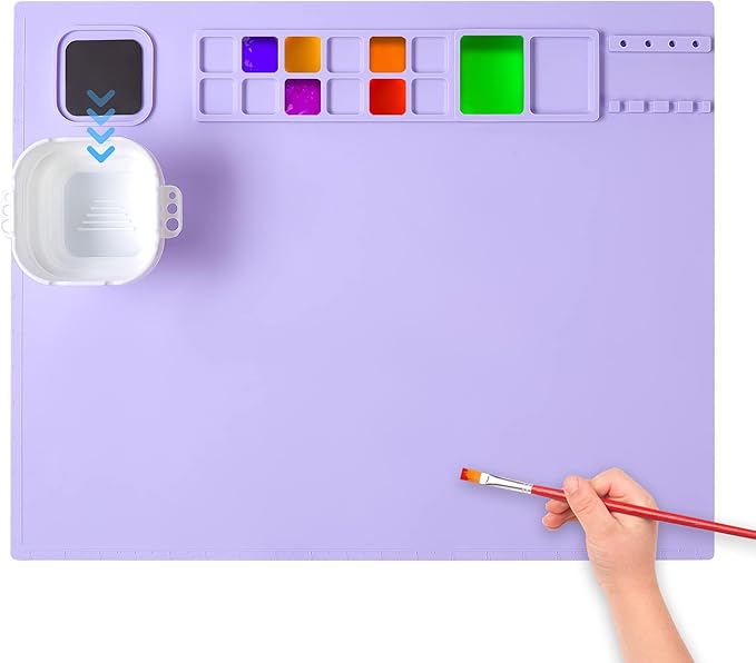 AWOKE Silicone Painting Mat - 20"X16" Silicone Art Mat with 1 Water Cup for Kids - Craft Mat has12 Color Dividers - 2 Paint Dividers (Purple)-CubbioJoy