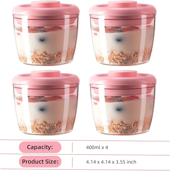 Ankou 400ml Meal Prep Container Set of 4 Pink Tritan Plastic Food Storage Containers with Lids, Airtight Leakproof Pop Top Lid Bowl for Breakfast Leftovers-CubbioJoy