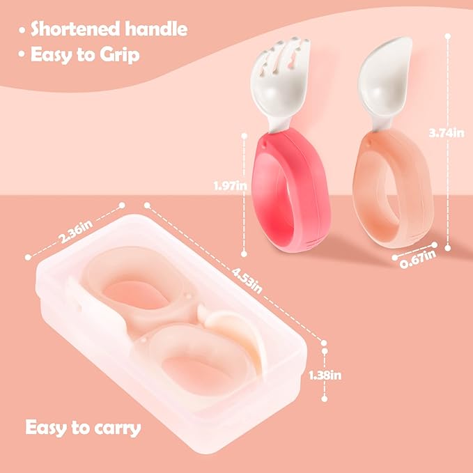 Baby Self Feeding Training Spoon and Fork Set with Travel Case, BPA-Free Cute Circle Toddler Training Utensils, Silicone/ABS Great Tableware Set Spoons Fork for Kids (Pink& Light Pink)-CubbioJoy