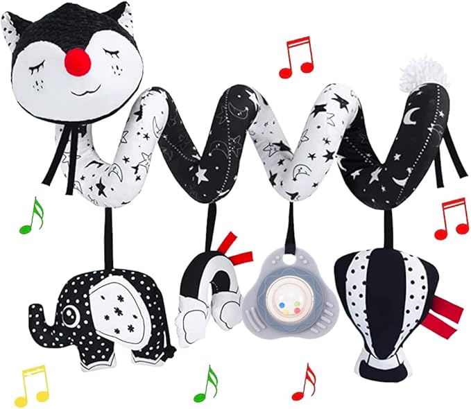 Car Seat Toys, High Contrast Black and White Toy for Infants 0-3 6 12 Months, Musical Black Fox Carseat Toys Stroller Toy for Babies Newborns-CubbioJoy