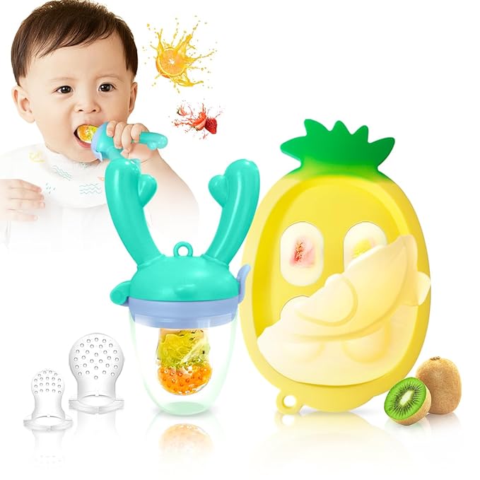 Baby Fruit Food Feeder - Silicone Nibble Tray Combo - Breastmilk Popsicle Mold for Cooling Relief, BPA Free Mesh Feeder for Infant Self Feeding (Antler Blue + Pineapple)-CubbioJoy