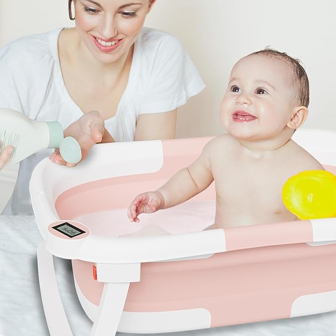 Collapsible Baby Bathtub,Baby Bath Tub with Soft Cushion & Thermometer,Baby Bathtub Newborn to Toddler 0-36 Months,Portable Travel Baby Tub-CubbioJoy