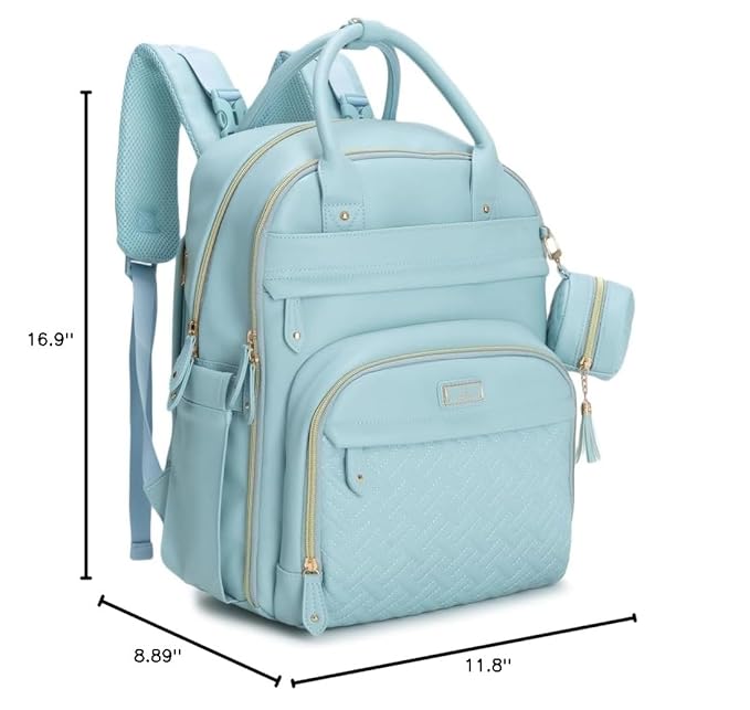 BabbleRoo Leather Diaper Bag Backpack - Baby Essentials Travel Baby Bag, Multi function, Waterproof, with Changing Pad, Stroller Straps & Pacifier Case – Unisex, Powder Blue-CubbioJoy