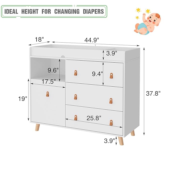 Baby Dresser Changing Table with Drawers,Shelf,Hidden Laundry Basket Storage,2 in 1 Nursery Dresser Chest for Infants, Baby Diaper Changing Station for Daycare,Bedroom,White-CubbioJoy