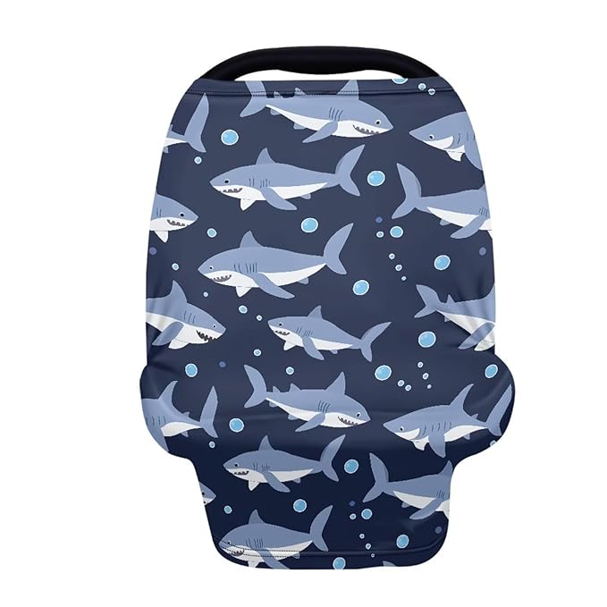Binienty Cartoon Shark Print Car Seat Canopies for Baby Boys Girls, Women's Light Soft Nursing Cover Breastfeeding Scarf Breathable Stroller Cover for Sun and Windy-CubbioJoy
