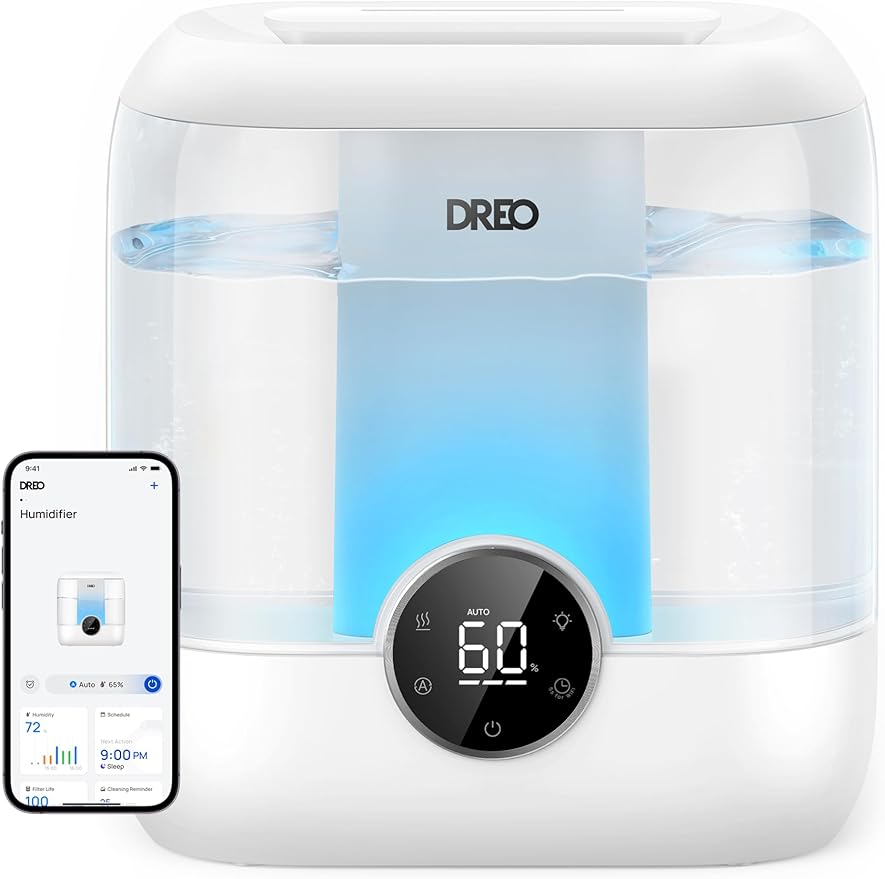 Dreo Smart Humidifiers for Bedroom, 6L Top Fill Supersized Cool Mist Humidifier for Large Room, 60 Hour Runtime, Quiet Ultrasonic Humidifiers for Plants, Baby, Indoor, Home, Night Light, White-CubbioJoy