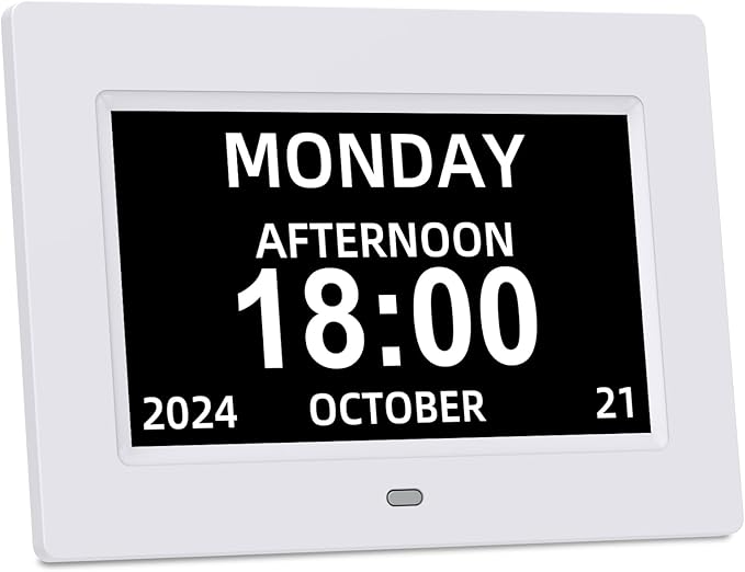 Digital Calendar Alarm Clock for Seniors - 7" Large Display with Day/Date, 12 Custom Alarms & Auto-Dimming | Medication Reminder, Dementia-Friendly Design, Easy Read (White)-CubbioJoy