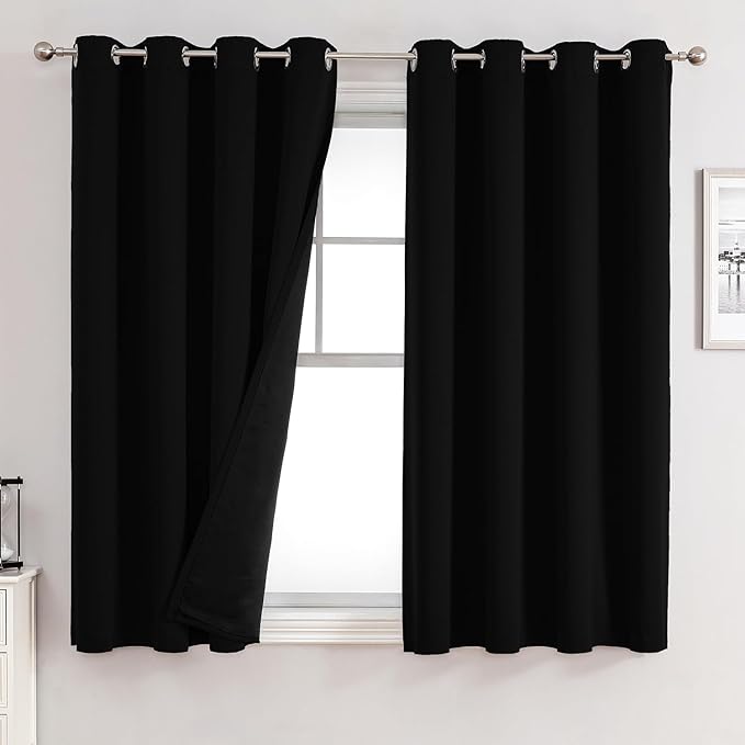 ChrisDowa 100% Blackout Curtains for Bedroom with Black Liner, 2 Thick Layers Total Blackout Thermal Insulated Grommet Window Curtains 2 Panels Set (Black, 52 x 54 Inch)-CubbioJoy