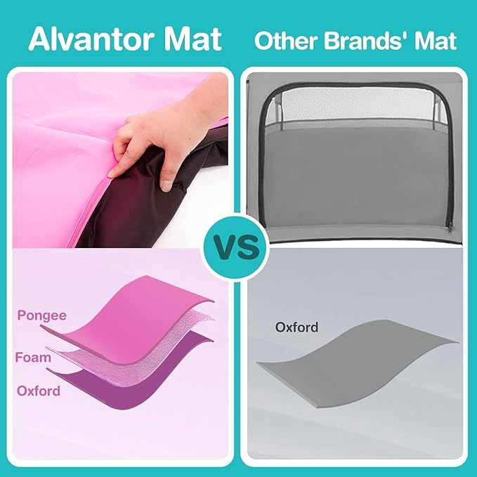 Alvantor Pop Up Playpen- 7'x7'x44”Baby Playpen Large Kids Play Tent Portable and Foldable Playpen Indoor/Outdoor Play Yard with Protective Mesh, UV SPF 50+ Sunshade, and Soft Foam Floor, Pink-CubbioJoy