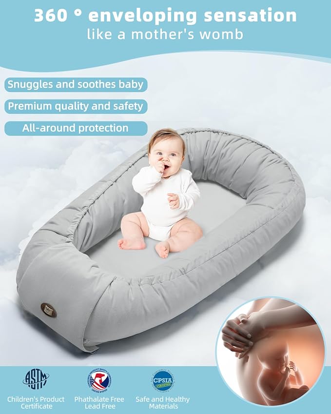 Baby Lounger for Newborn 0-24 Months, Breathable & Soft Infant Lounger, Adjustable Tummy Time Lounger for Home and Travel, Baby Girls & Boys Newborn Babies Essentials Stuff, Grey-CubbioJoy