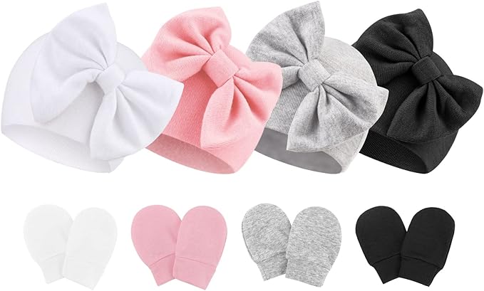 BQUBO Newborn Baby Hats Mittens Set Hospital Hat Beanie Infant Bow Hats Baby Gloves No Scratch Mittens for 0-6 Months-CubbioJoy