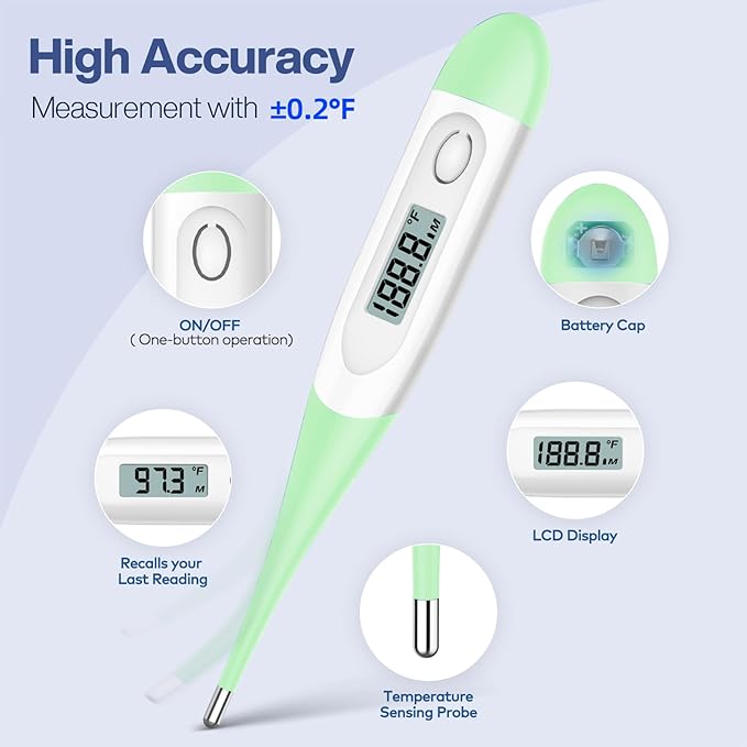 Boncare 10 Seconds Digital Thermometer for Adults and Kids - Accurate & Safe Rectal Thermometer for Baby with Fever Alarm, Oral Thermometer (Light Green)-CubbioJoy