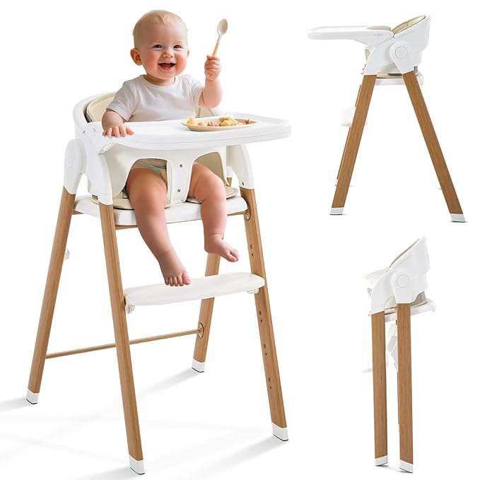 Convertible High Chairs for Babies & Toddlers. 5-in-1 Adjustable High Chair with Removable Tray, Easy to Clean, Portable (White Khaki)-CubbioJoy