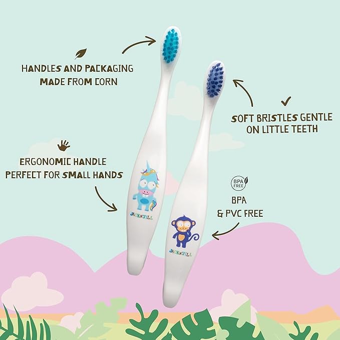 Jack N' Jill Kids Toothbrush - Extra Soft Bristle Toothbrush for Kids, Handle & Packaging Made from Plants (Corn), Ergonomic Handle for Little Hands - Dino Baby (1 Pack)-CubbioJoy