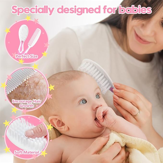 Baby Hair Brush and Comb Sets, New Born Baby Hair Brushes, Perfect Baby Registry Gift for Newborns(Pink)-CubbioJoy
