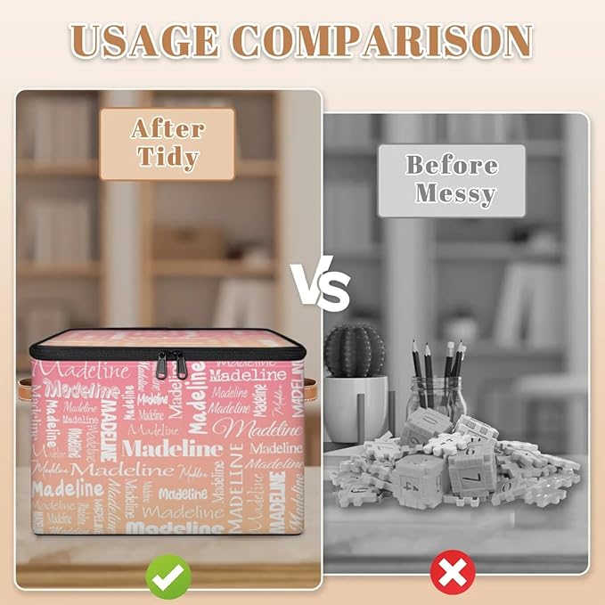 Custom Storage Basket with Name, Personalized Storage Bins with Zipper Lid, Foldable Fabric Storage Box Large capacity with Handle Pink Apricot-CubbioJoy