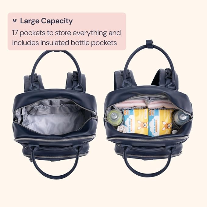 BabbleRoo Leather Diaper Bag Backpack - Baby Essentials Travel Baby Bag, Multi function, with Changing Pad, Stroller Straps & Pacifier Case – Unisex, Midnight Blue-CubbioJoy