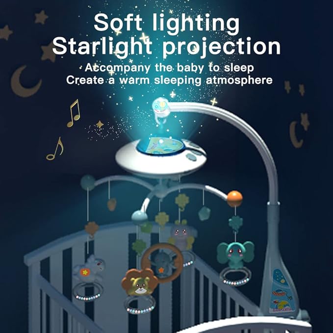 Baby Musical Crib Mobile with Night Lights and Relaxing Music,Hanging Rotating Animals Rattles,Stars Projection,Remote Control,for Boy Girl Newborn Baby Toys（Blue）-CubbioJoy