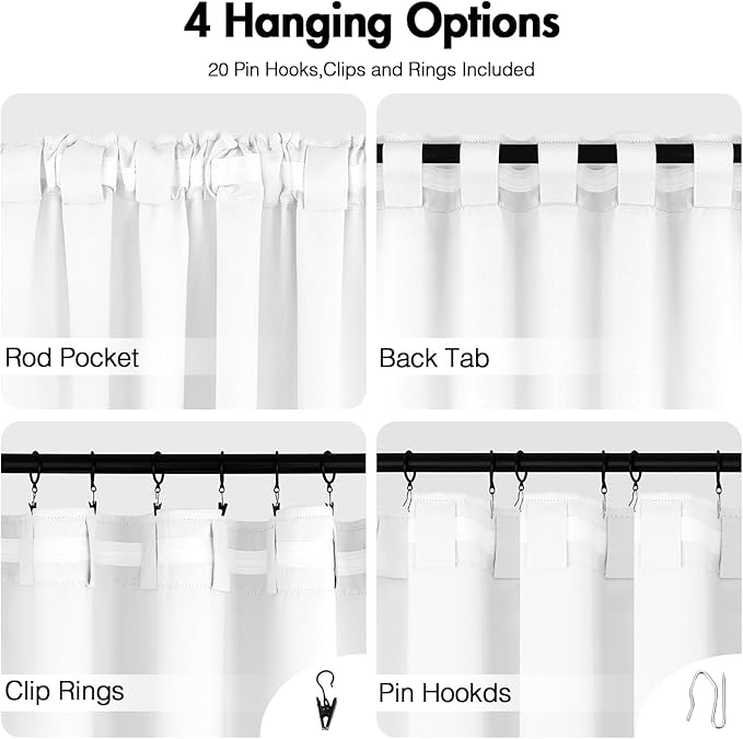 ANRODUO Back Tab Blackout Curtains for Bedroom Living Room, Rod Pocket Pinch Pleated Thermal Insulated Room Darkening Curtains 54 Inches Long 2 Panels, White, 42 x 54 Inch-CubbioJoy