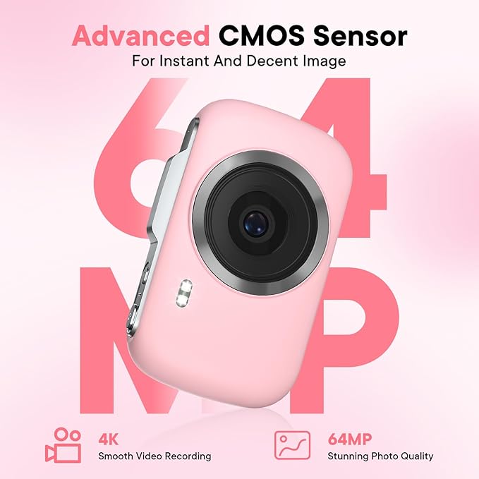 Digital Camera 4K 64MP - Vlogging Camera for Kids & Beginners | 18X Zoom Point and Shoot Camera Anti Shake, Compact with Flash, Gift for Boys Girls(Pink+Silver)-CubbioJoy