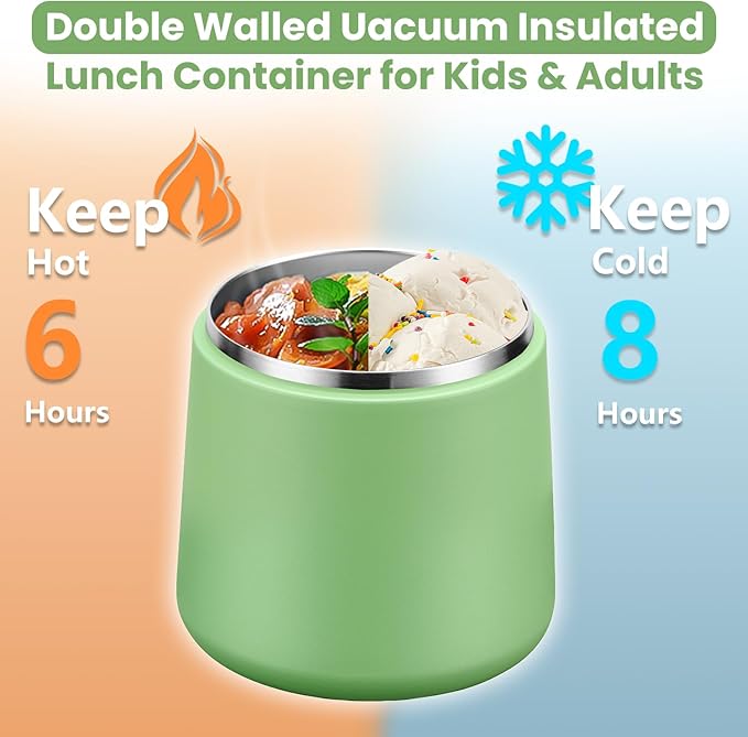 20oz Insulated Vacuum Food Jar with Buckle Lid,Soup Thermo for Hot Food Kids,Wide Mouth Leakproof Stainless Steel Lunch Container with Spoon-Green-CubbioJoy