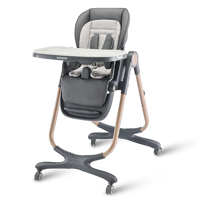 6 in 1 Convertible High Chairs for Babies and Toddlers,Portable High Chair with Dishwasher Tray and 4 Wheel,Booster Seat for Dining Table,Foldable Toddle and Baby Feeding Highchair (Gold-Grey)-CubbioJoy