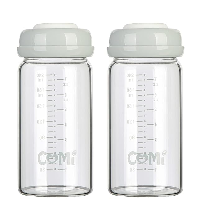 COMI Wide Neck Glass Breastmilk Collection n Storage Bottle, 8oz with Screw Ring Sealing Disk; Re-markable Sealing Disc. BPA Free, Fits Breast Pumps & Nipples (2 Gray Lids)-CubbioJoy