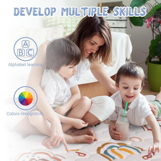 Boho Rainbow Baby Play Mat 71" X 59" Playpen Mat Thicken One-Piece Crawling Mat Non-Slip Cushioned Baby Floor Mat Letter Playmats for Babies Toddlers Infants Tummy Time Activity (71X59,Beige)-CubbioJoy