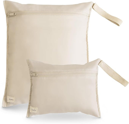 mushie Water Resistant Wet Bags | Large & Small Reusable Storage Bag for Baby Items and Travel | Zippered Pockets with Handle | Machine Washable, Set of 2 (Fog)-CubbioJoy