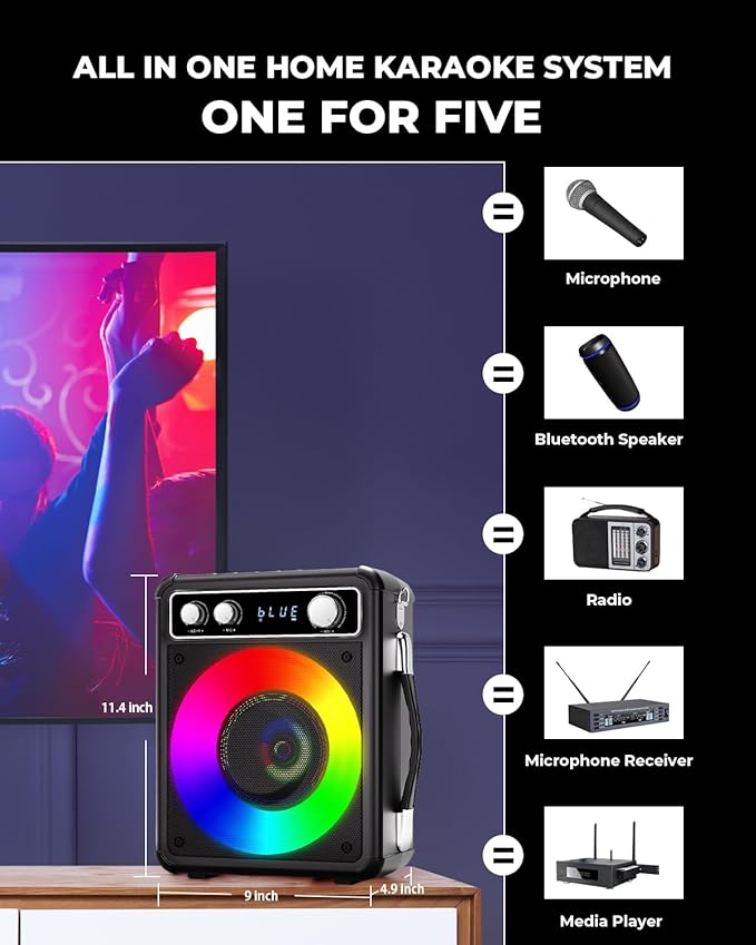 Karaoke Machine, Portable Bluetooth Karaoke Speaker with 2 Wireless Microphones, PA System for Adults Kids with LED Lights, Supports FM/AUX/USB/TF for Home Party-CubbioJoy