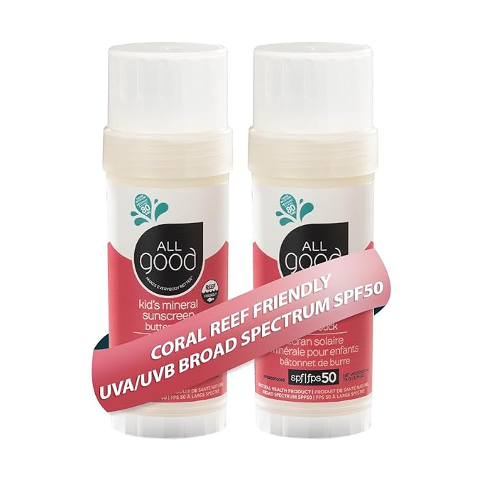 All Good Baby & Kids Mineral Sunscreen Butter Stick for Face, Nose, Ears - UVA/UVB Broad Spectrum SPF 50, Coral Reef Friendly, Water Resistant, Zinc Oxide, Vitamin E (2.75 oz)(2-Pack)-CubbioJoy