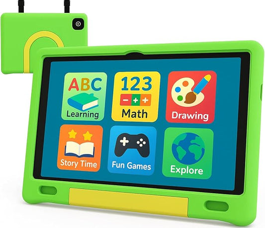 10.1 Inch Kids Tablet with Shockproof Case | Android 14, 64GB+8GB RAM, 12H Battery | Parental Control, Google Kids Space & Preloaded Educational Apps | WiFi 6, HD Display, Ages 3-12-CubbioJoy
