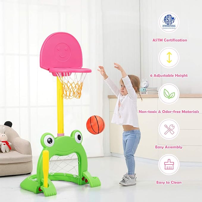 Costzon Toddler Basketball Hoop, 3-in-1 Sports Set for Basketball, Baseball & Football, 6 Height Adjustable Basketball Toy Activity Center for Indoor & Outdoor, Best Gift for Kids (Cute Frog)-CubbioJoy