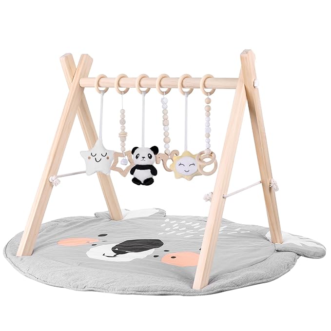Baby Play Gym with Mat – Wooden Montessori Gym for Newborns 0-12M,Natural Pine Wood with 6 Sensory Toys,Foldable & Portable (Koala)-CubbioJoy